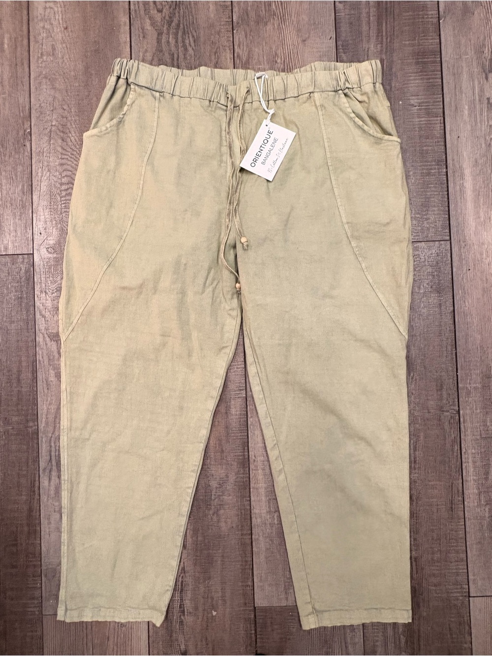 Orientique Size XL Olive Drawstring Linen-Blend Chinos — Women